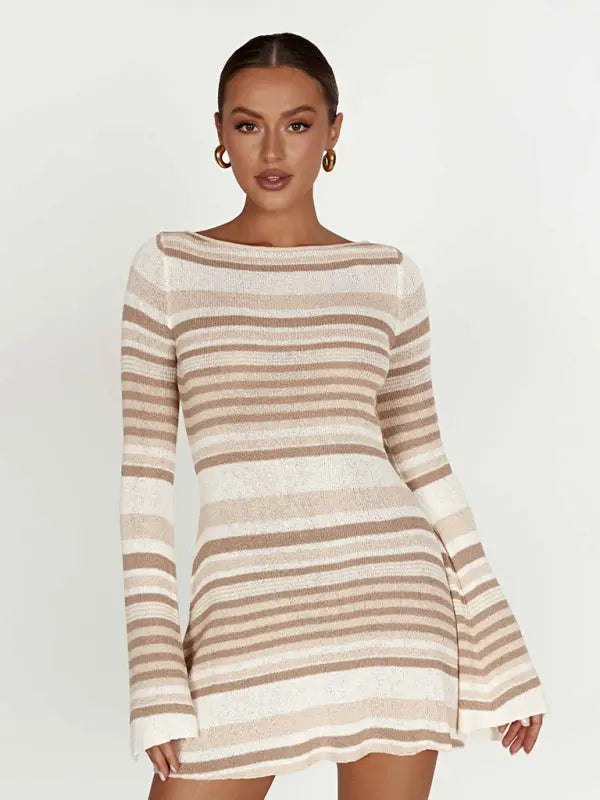 Zone Planet | Bell sleeve backless striped knitted mini dress - Blue Zone Planet Zone Planet | Bell sleeve backless striped knitted mini dress - Blue Zone Planet