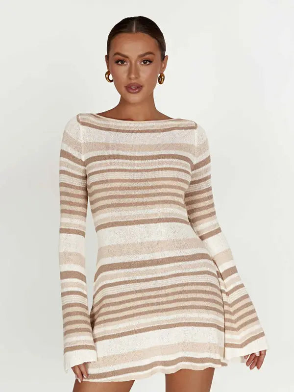 Bell sleeve backless striped knitted mini dress kakaclo