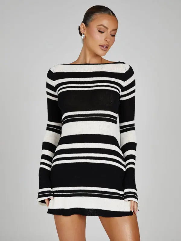 Bell sleeve backless striped knitted mini dress kakaclo