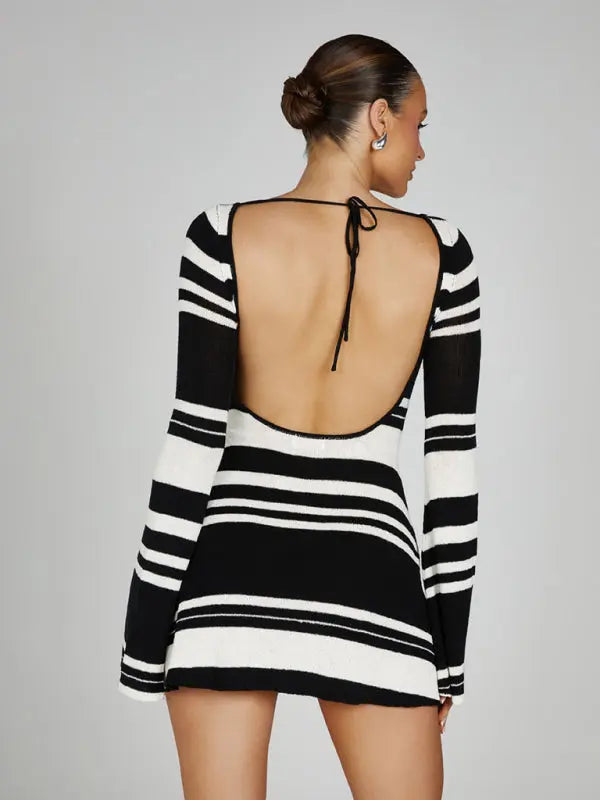 Zone Planet | Bell sleeve backless striped knitted mini dress - Zone Planet | Bell sleeve backless striped knitted mini dress -
