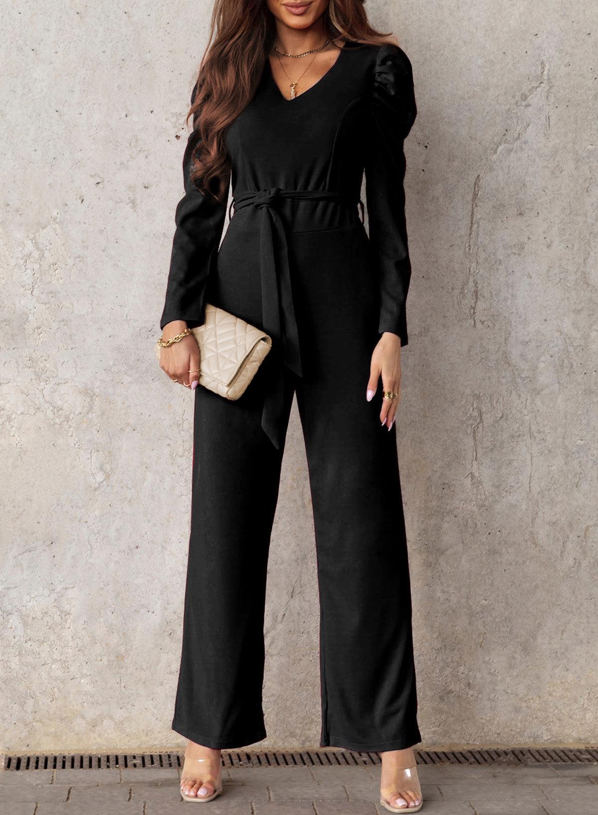 Belted Long Puff Sleeve V-Neck Jumpsuit BLUE ZONE PLANET