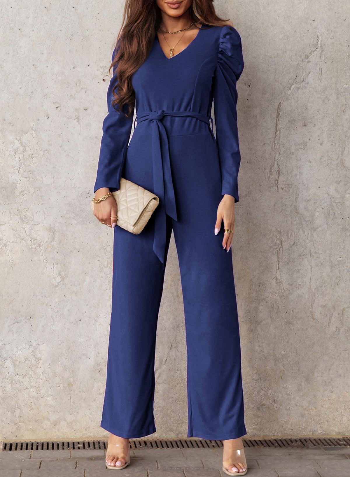 Belted Long Puff Sleeve V-Neck Jumpsuit BLUE ZONE PLANET