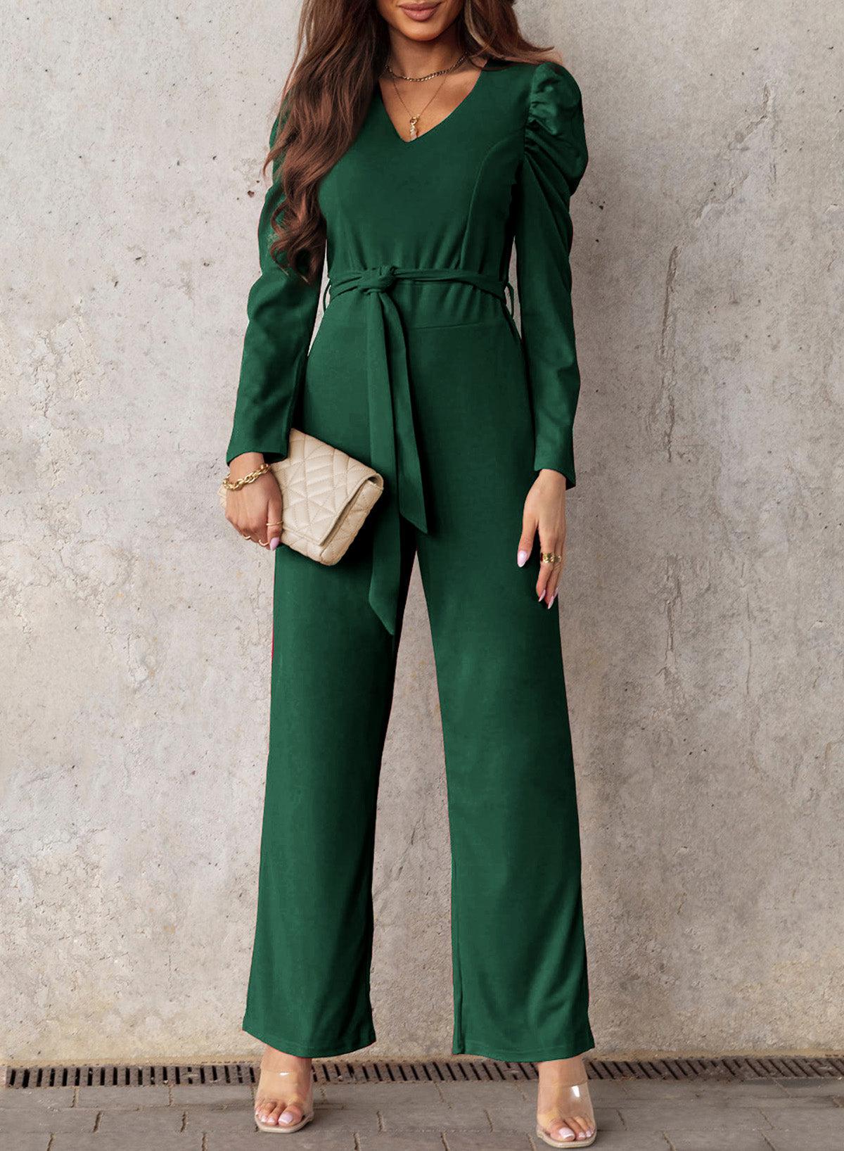 Belted Long Puff Sleeve V-Neck Jumpsuit BLUE ZONE PLANET