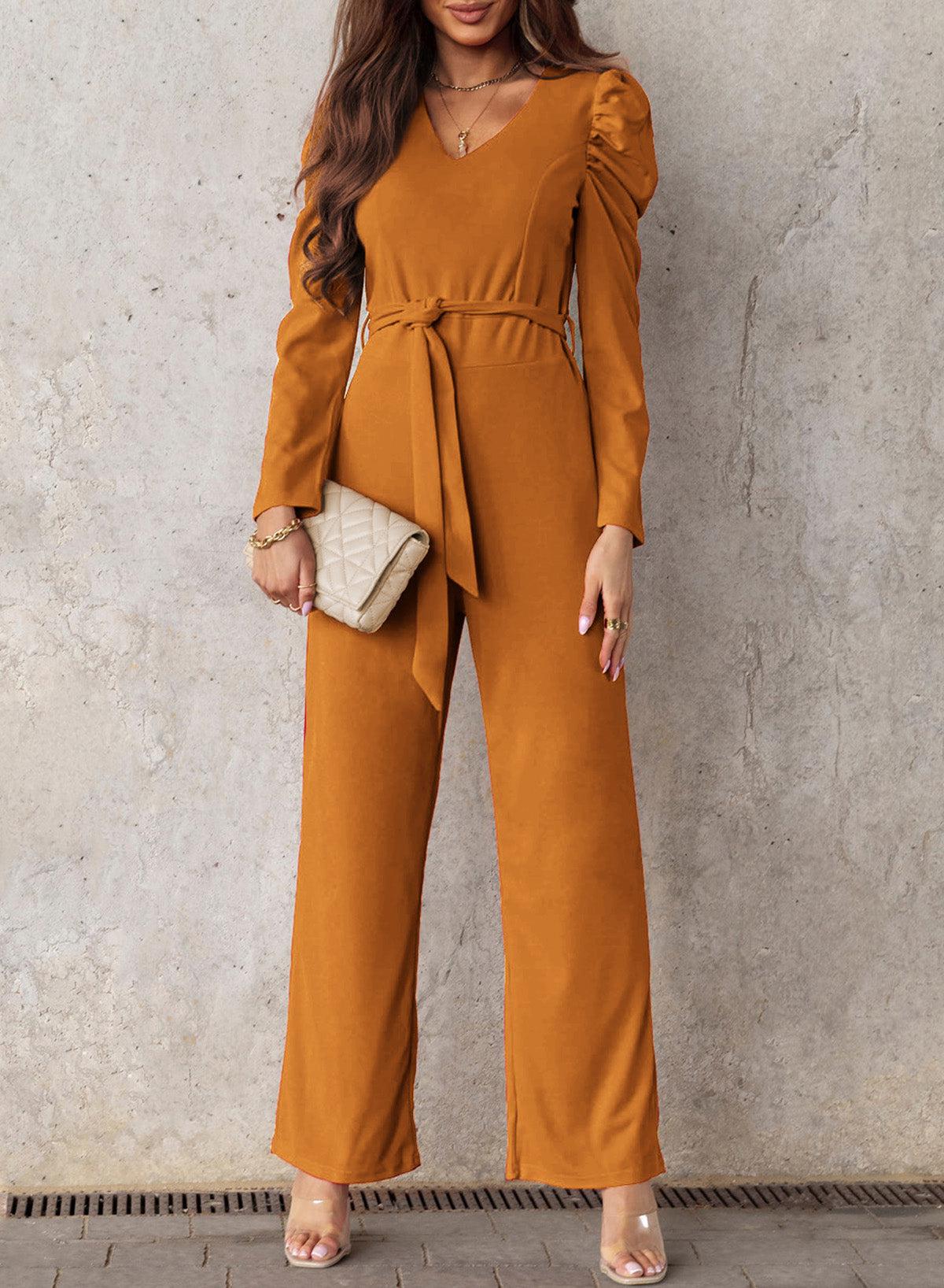 Belted Long Puff Sleeve V-Neck Jumpsuit BLUE ZONE PLANET