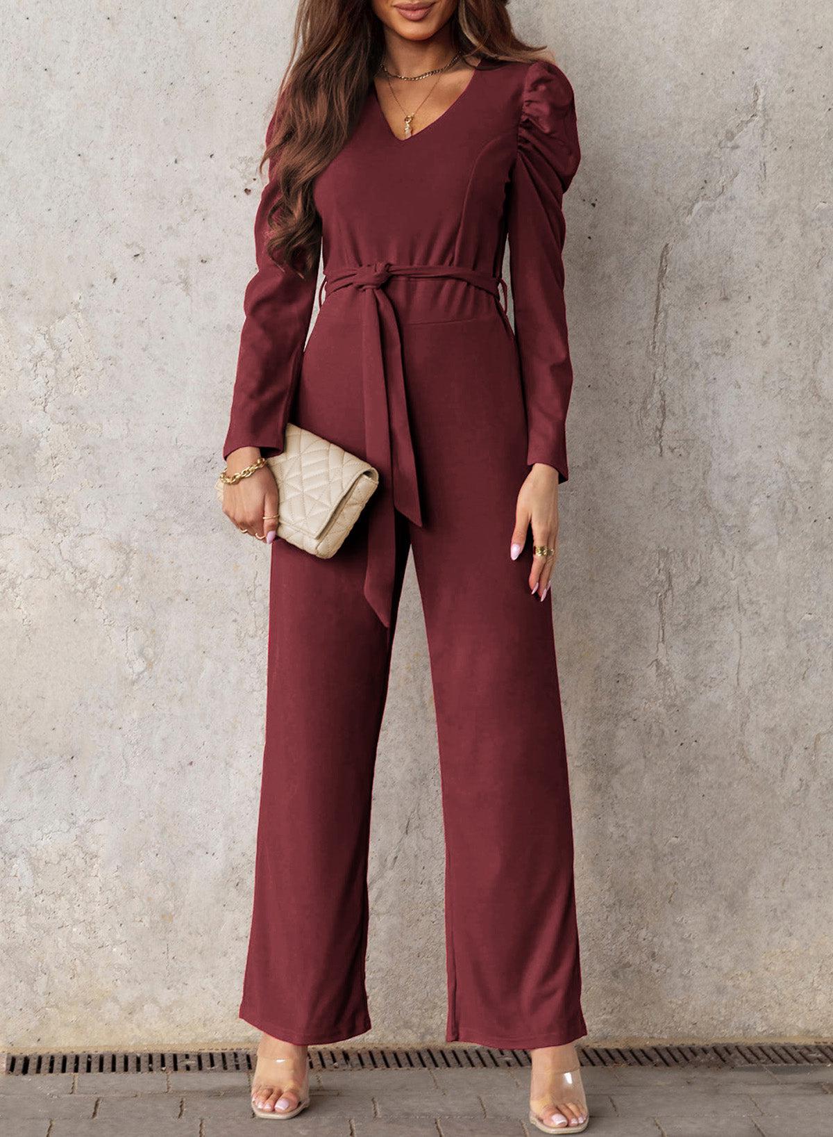 Belted Long Puff Sleeve V-Neck Jumpsuit BLUE ZONE PLANET