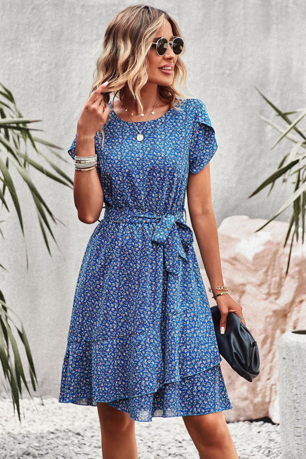 Belted Round Neck Petal Sleeve Mini A Line Dress Blue Zone Planet