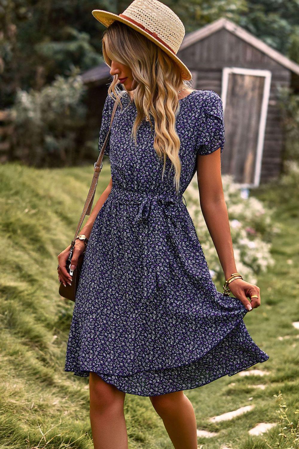 Belted Round Neck Petal Sleeve Mini A-Line Dress BLUE ZONE PLANET