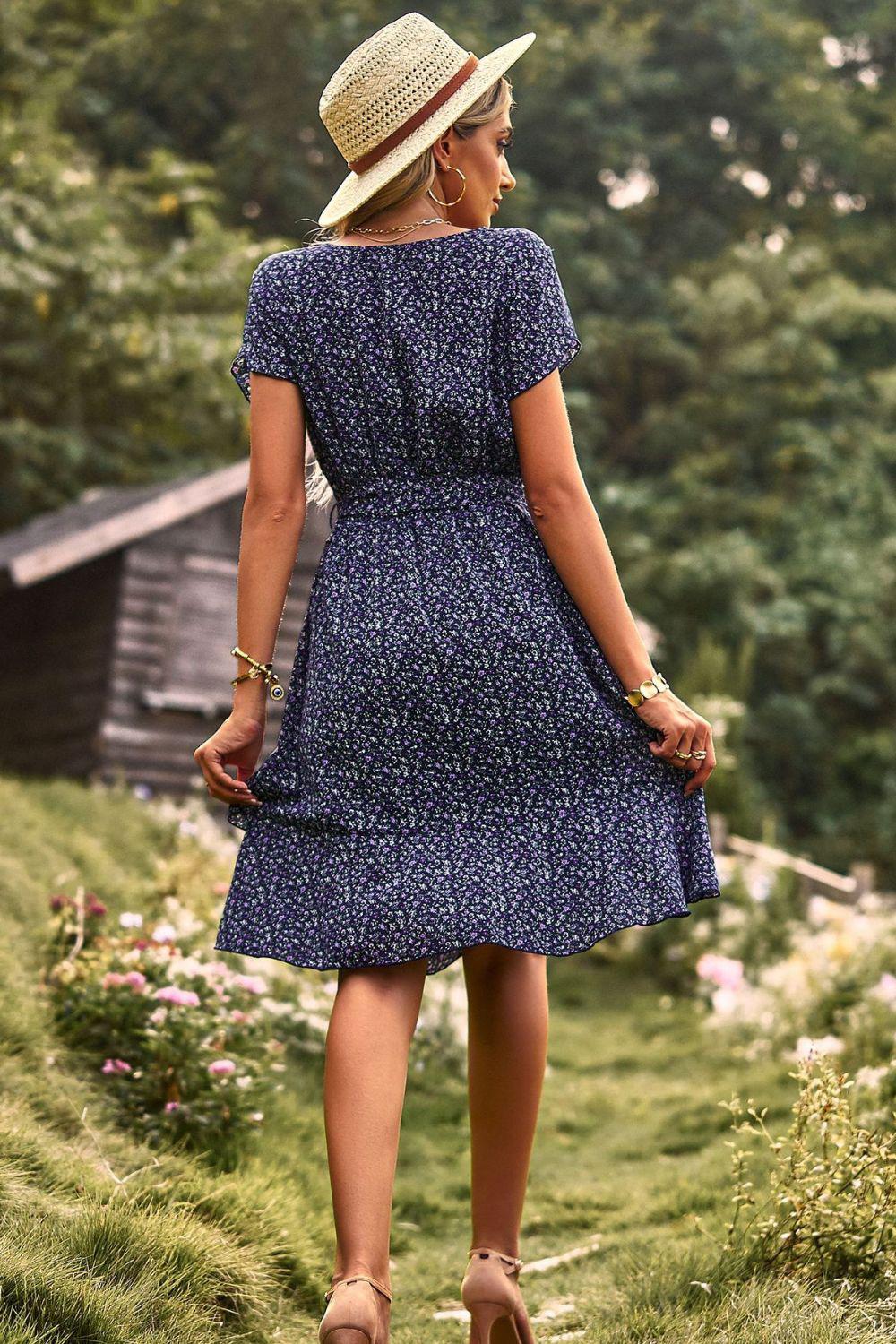 Belted Round Neck Petal Sleeve Mini A-Line Dress BLUE ZONE PLANET