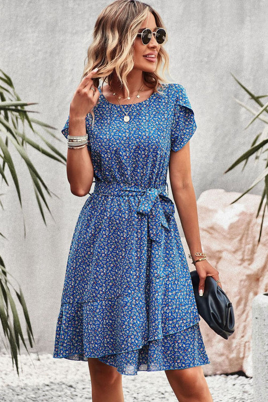 Belted Round Neck Petal Sleeve Mini A-Line Dress BLUE ZONE PLANET