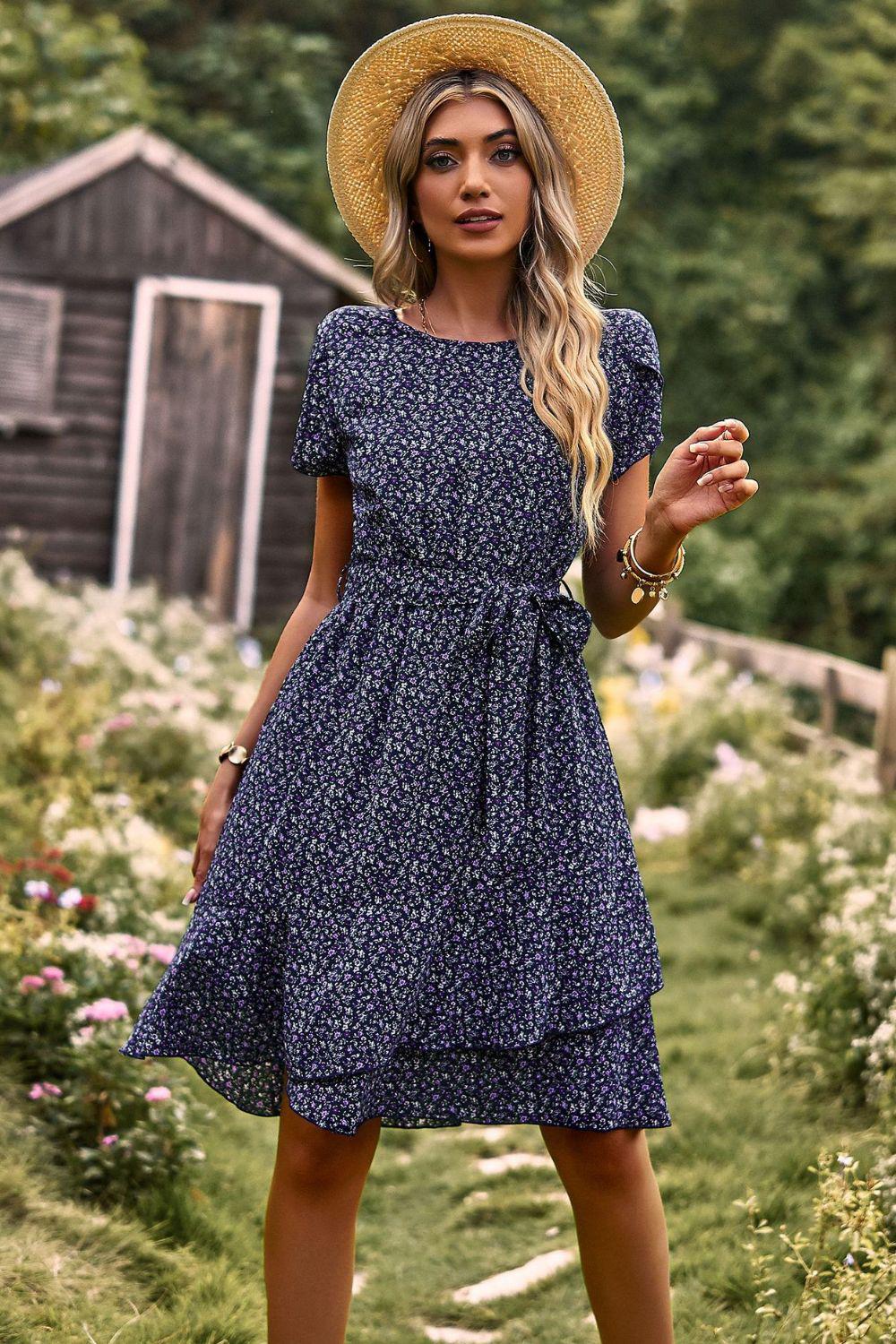 Belted Round Neck Petal Sleeve Mini A-Line Dress BLUE ZONE PLANET