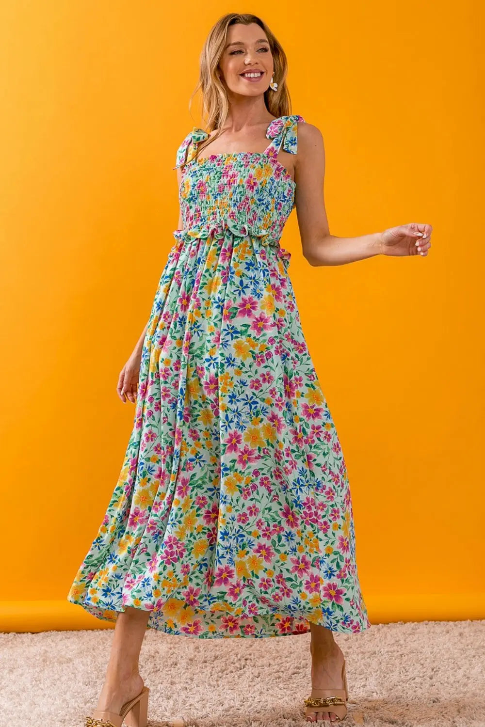 BiBi Floral Ruffle Trim Smocked Cami Dress BLUE ZONE PLANET