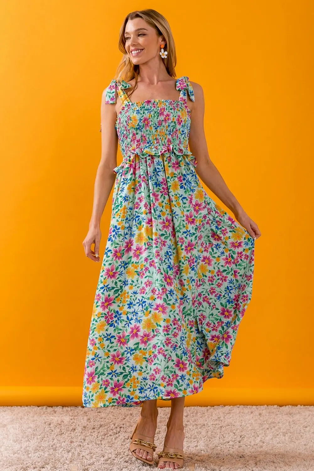 BiBi Floral Ruffle Trim Smocked Cami Dress BLUE ZONE PLANET