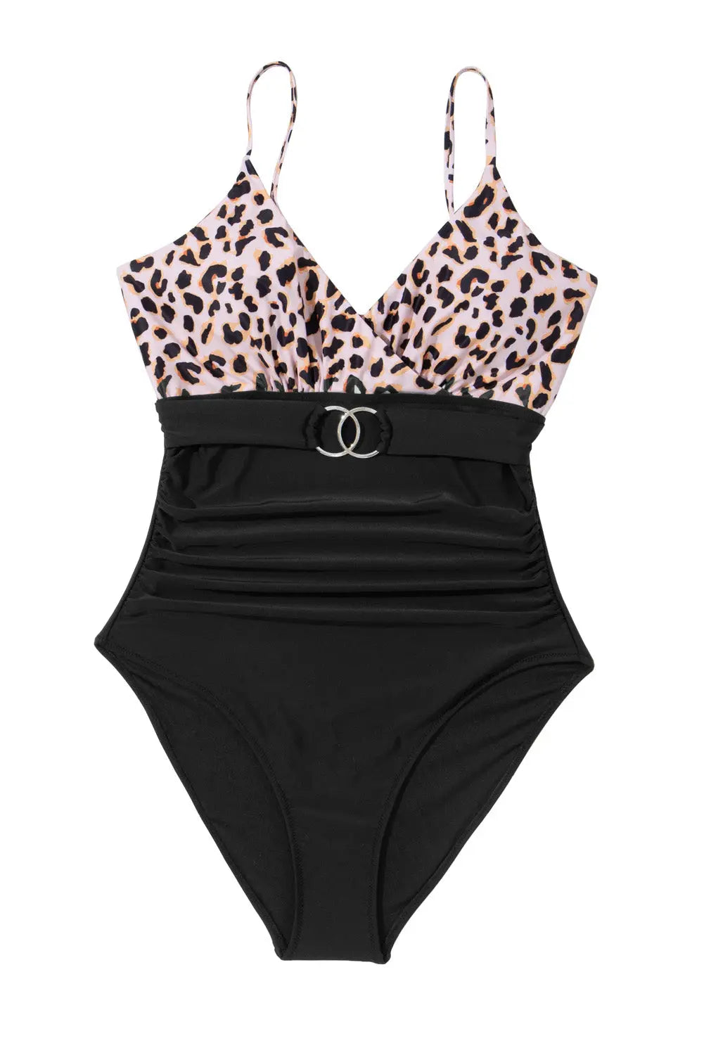 Black Animal Print Belted Ruched V Neck One-piece Swimsuit Blue Zone Planet