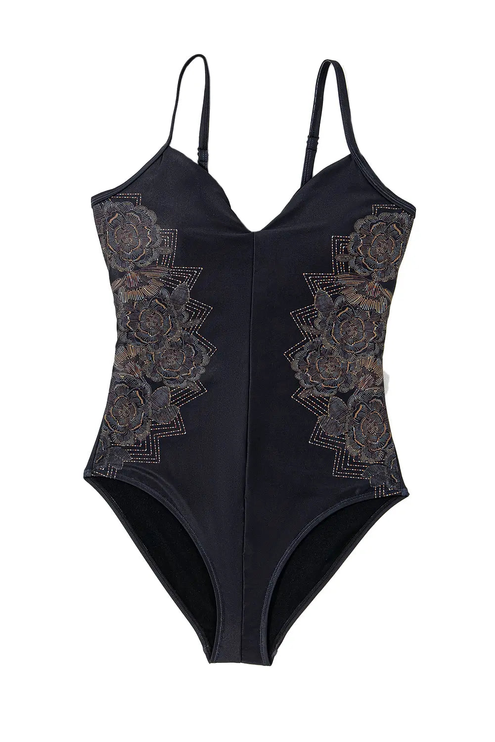 Black Petal Print Crisscross Back Spaghetti Straps Swimsuit Blue Zone Planet