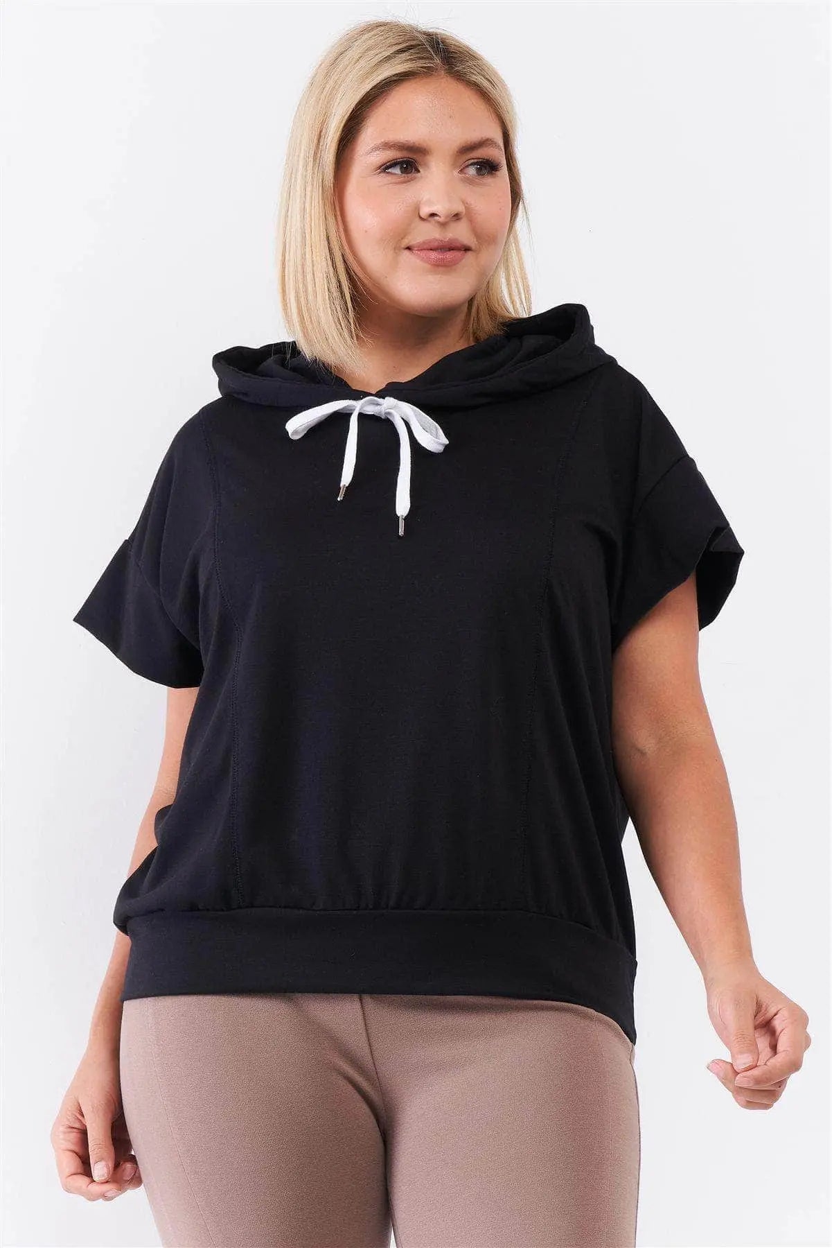 Black Short Wing Sleeve Relaxed Fit White Draw String Tie Hood Detail Top Blue Zone Planet