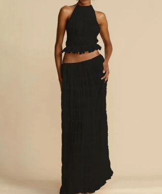 Blue Zone Planet | Ava's Backless Lace-Up Halter Top and Chiffon Pleated Maxi Skirt Two-Piece Set-TOPS / DRESSES-[Adult]-[Female]-Black-S-2022 Online Blue Zone Planet