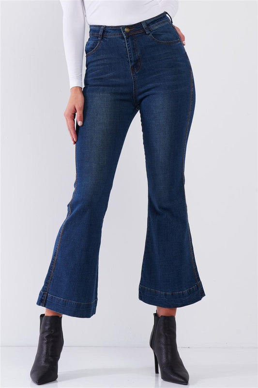 Blue Denim High Waisted Ankle Length Bell Bottom Flare Jeans-[Adult]-[Female]-2022 Online Blue Zone Planet