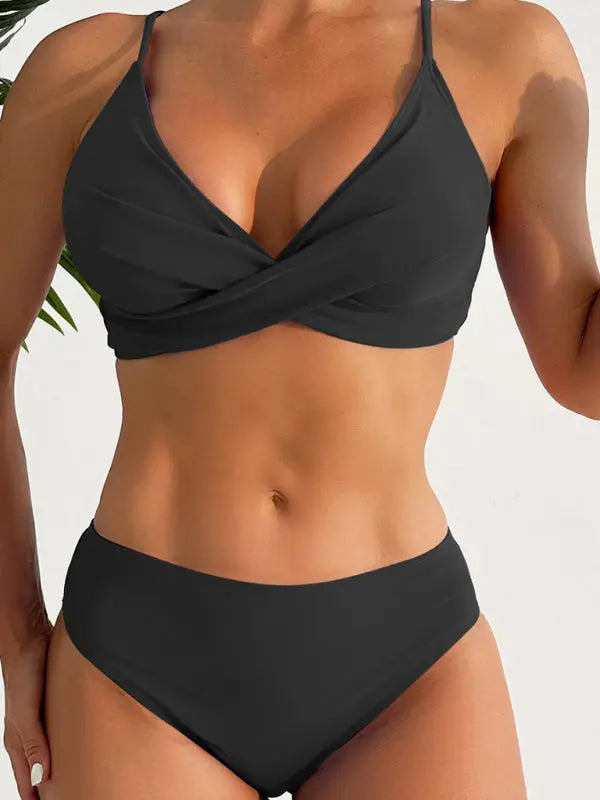 Blue Zone Planet |  Anna's Solid color split swimsuit cross spaghetti strap bikini BLUE ZONE PLANET