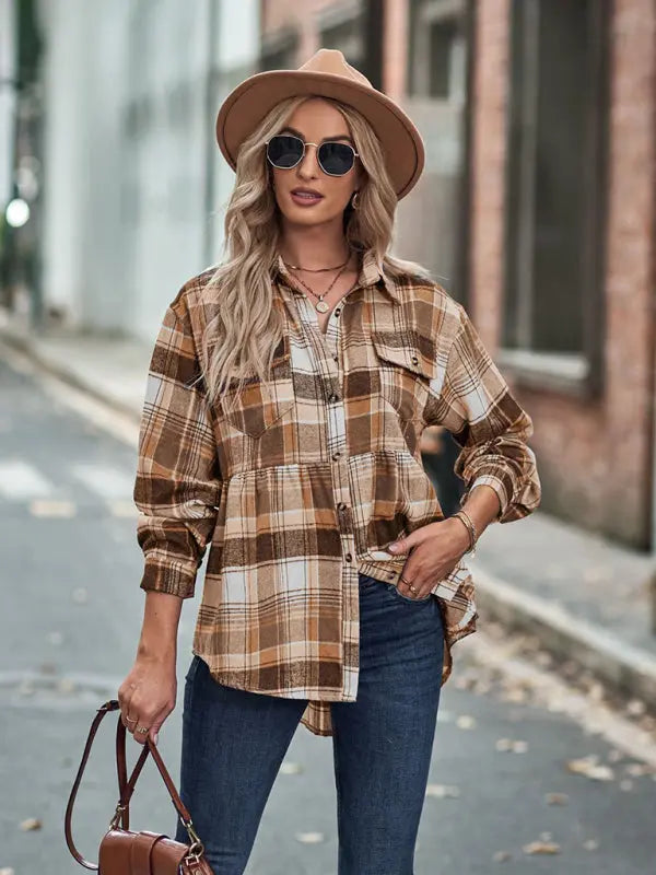 Blue Zone Planet |  Autumn and Winter Lapel Long Sleeve Pocket European and American Plaid Shirt BLUE ZONE PLANET