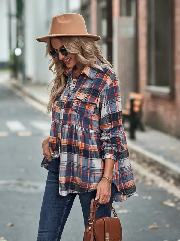 Blue Zone Planet |  Autumn and Winter Lapel Long Sleeve Pocket European and American Plaid Shirt BLUE ZONE PLANET