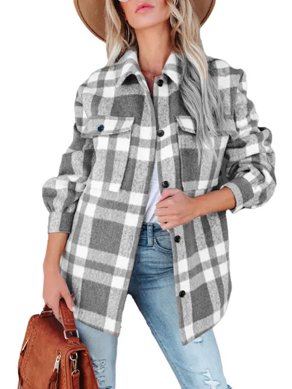 Blue Zone Planet |  Autumn and Winter Plaid Brushed Lapel Jacket BLUE ZONE PLANET