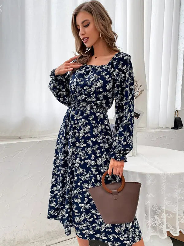 Blue Zone Planet |  Ava's Floral Print Long-Sleeved Narrow Waist Square Neck Mini Dress BLUE ZONE PLANET