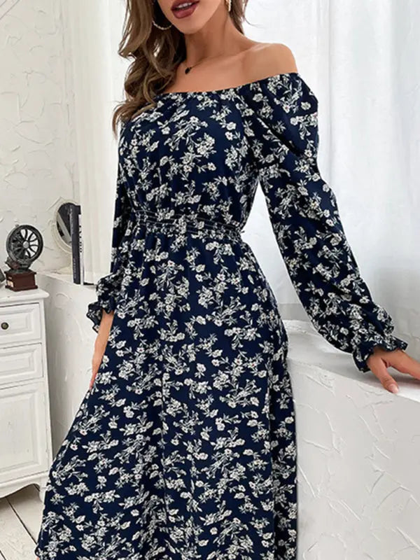 Blue Zone Planet |  Ava's Floral Print Long-Sleeved Narrow Waist Square Neck Mini Dress BLUE ZONE PLANET