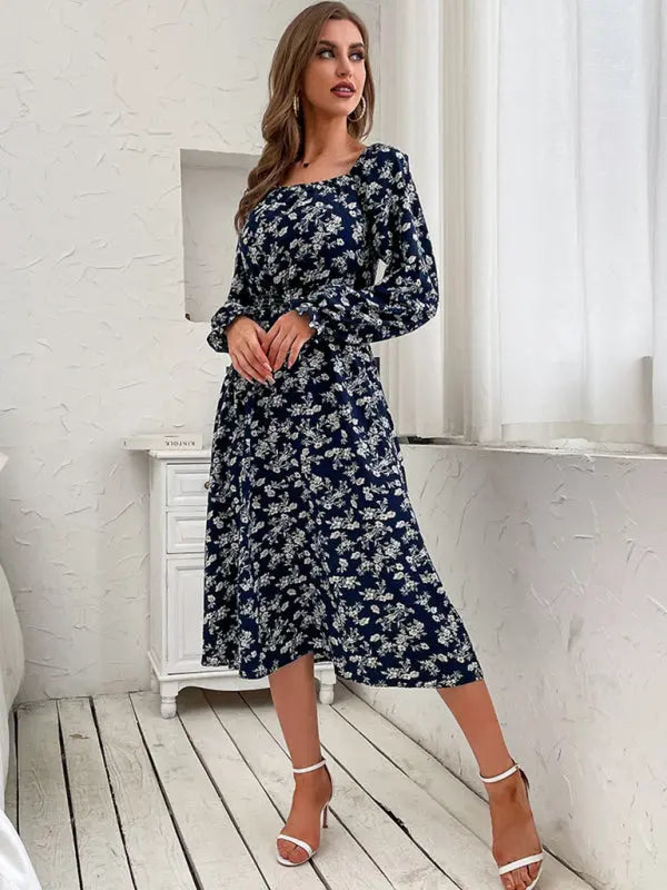 Blue Zone Planet |  Ava's Floral Print Long-Sleeved Narrow Waist Square Neck Mini Dress BLUE ZONE PLANET