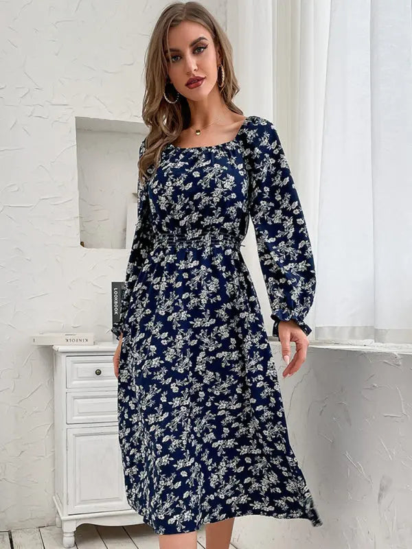 Blue Zone Planet |  Ava's Floral Print Long-Sleeved Narrow Waist Square Neck Mini Dress BLUE ZONE PLANET