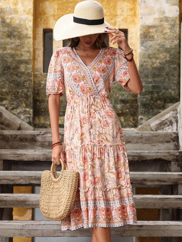 Zone Planet | Ava's Vintage Pink Boho Print V-Neck Midi Dress