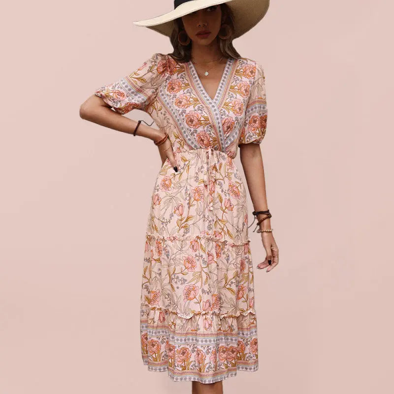 Zone Planet | Ava's Vintage Pink Boho Print V-Neck Midi Dress - Pink / XXL by Blue Zone Planet
