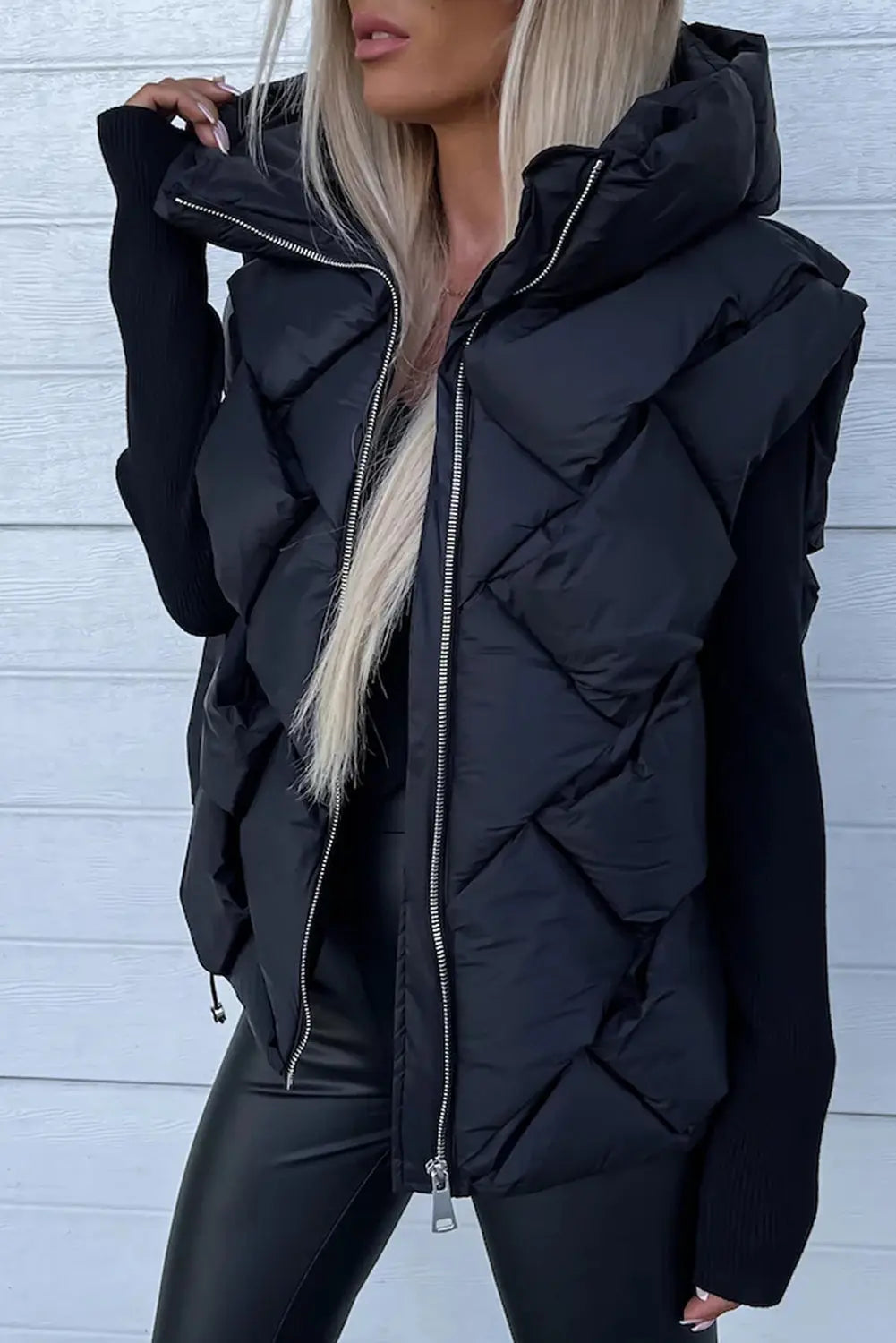 Blue Zone Planet |  Black Quilted Zipper Front Hooded Vest Coat Blue Zone Planet
