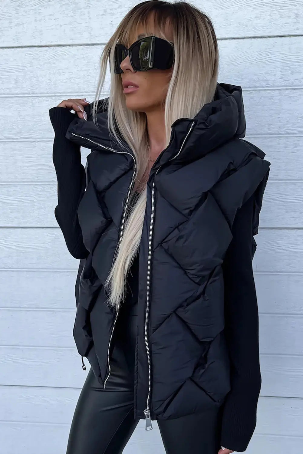 Blue Zone Planet |  Black Quilted Zipper Front Hooded Vest Coat Blue Zone Planet