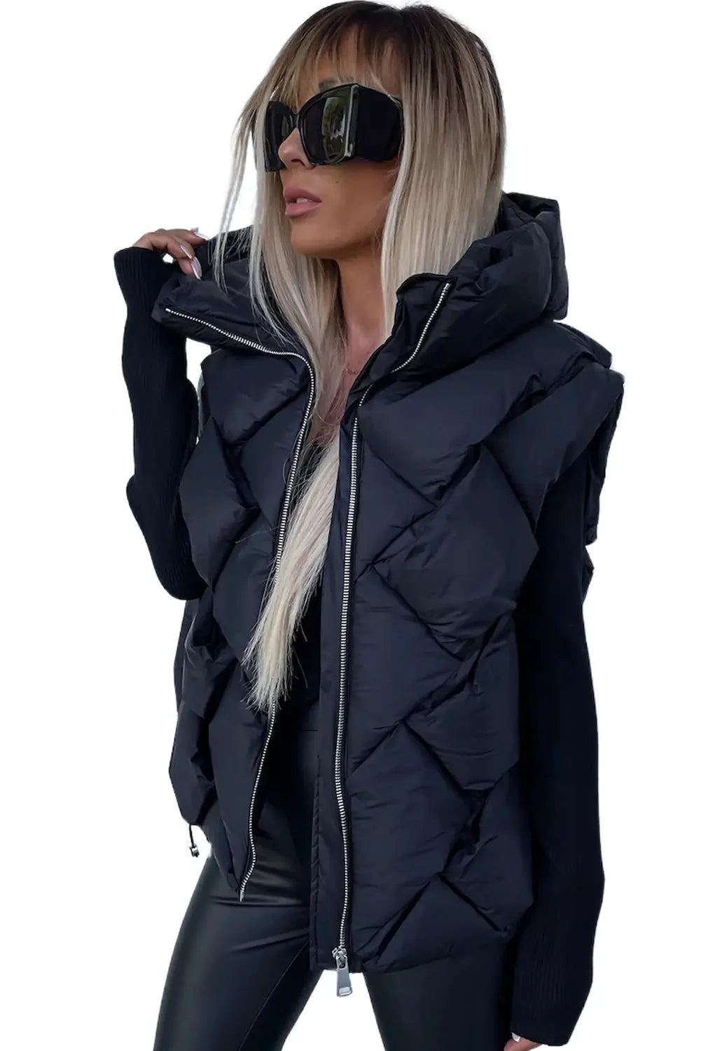 Blue Zone Planet |  Black Quilted Zipper Front Hooded Vest Coat Blue Zone Planet