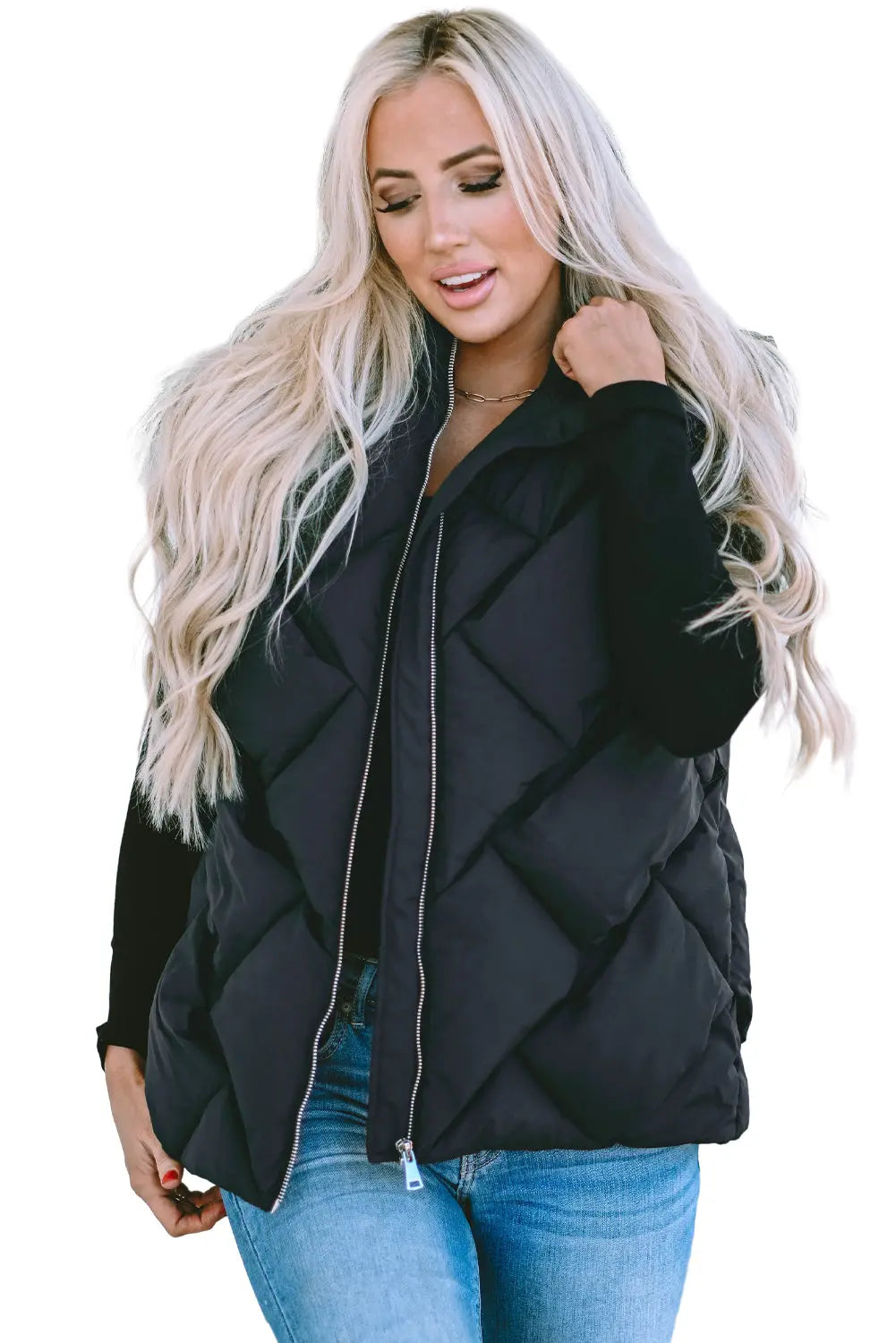 Blue Zone Planet |  Black Quilted Zipper Front Hooded Vest Coat Blue Zone Planet