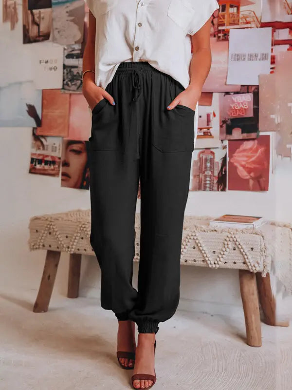 Blue Zone Planet |  Bloomers Solid Color Cotton Linen Pants Ladies Pocket Drawstring Pants BLUE ZONE PLANET