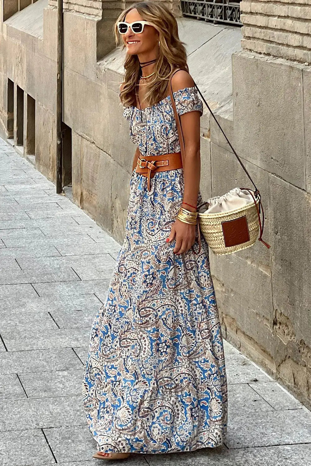 Blue Zone Planet |  Blue Boho Paisley Print Off Shoulder Maxi Dress Blue Zone Planet