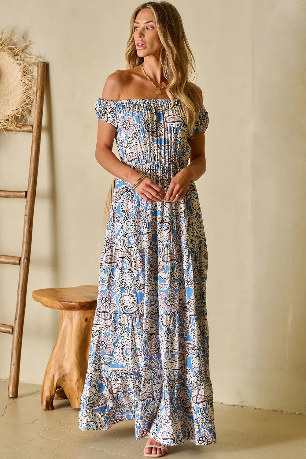 Blue Zone Planet |  Blue Boho Paisley Print Off Shoulder Maxi Dress Blue Zone Planet