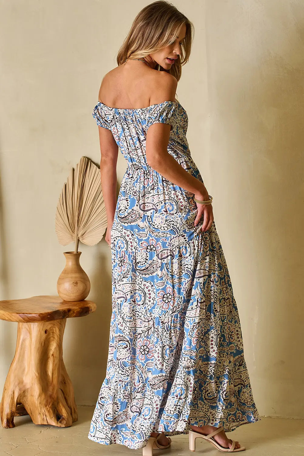 Blue Zone Planet |  Blue Boho Paisley Print Off Shoulder Maxi Dress Blue Zone Planet