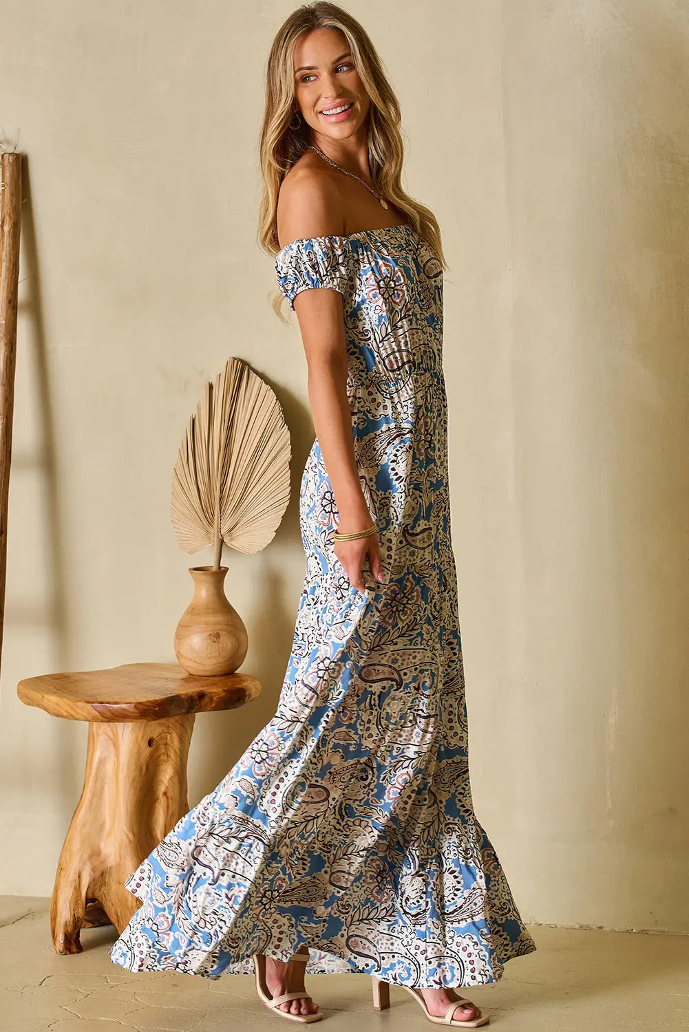 Blue Zone Planet |  Blue Boho Paisley Print Off Shoulder Maxi Dress Blue Zone Planet