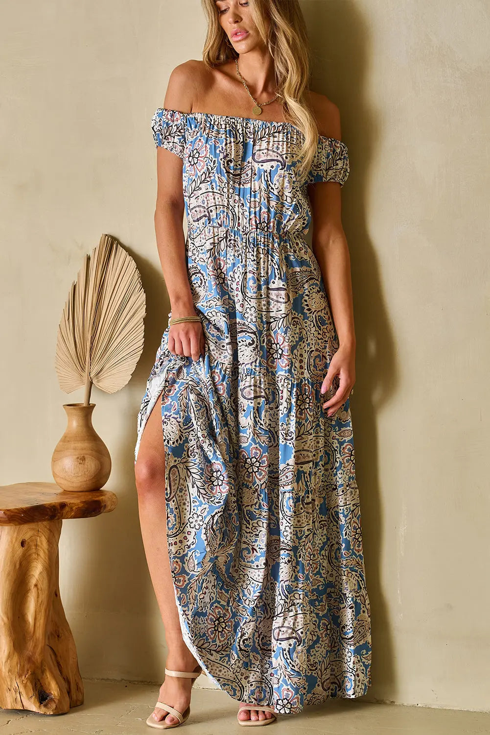 Blue Zone Planet |  Blue Boho Paisley Print Off Shoulder Maxi Dress Blue Zone Planet