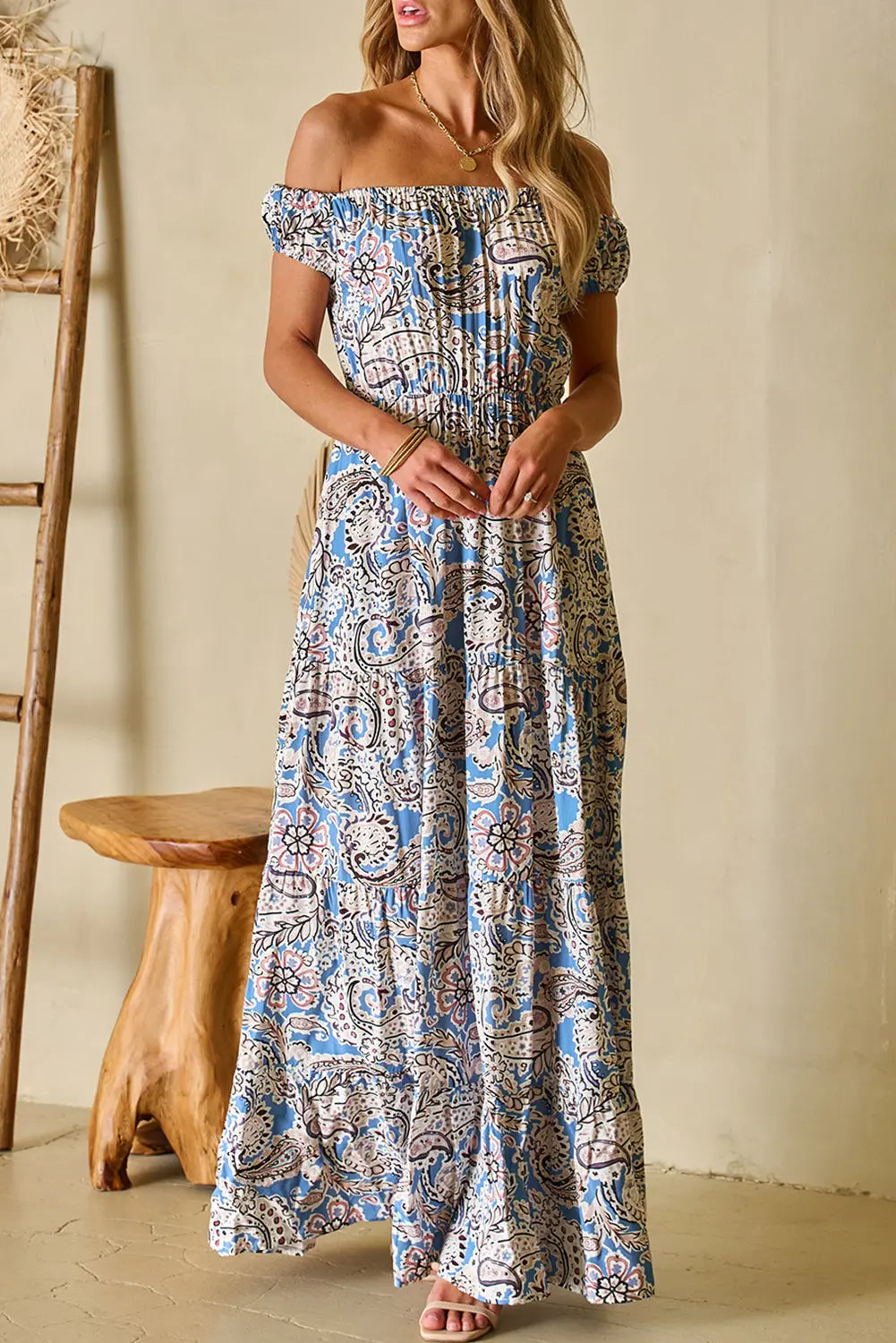 Blue Zone Planet |  Blue Boho Paisley Print Off Shoulder Maxi Dress Blue Zone Planet