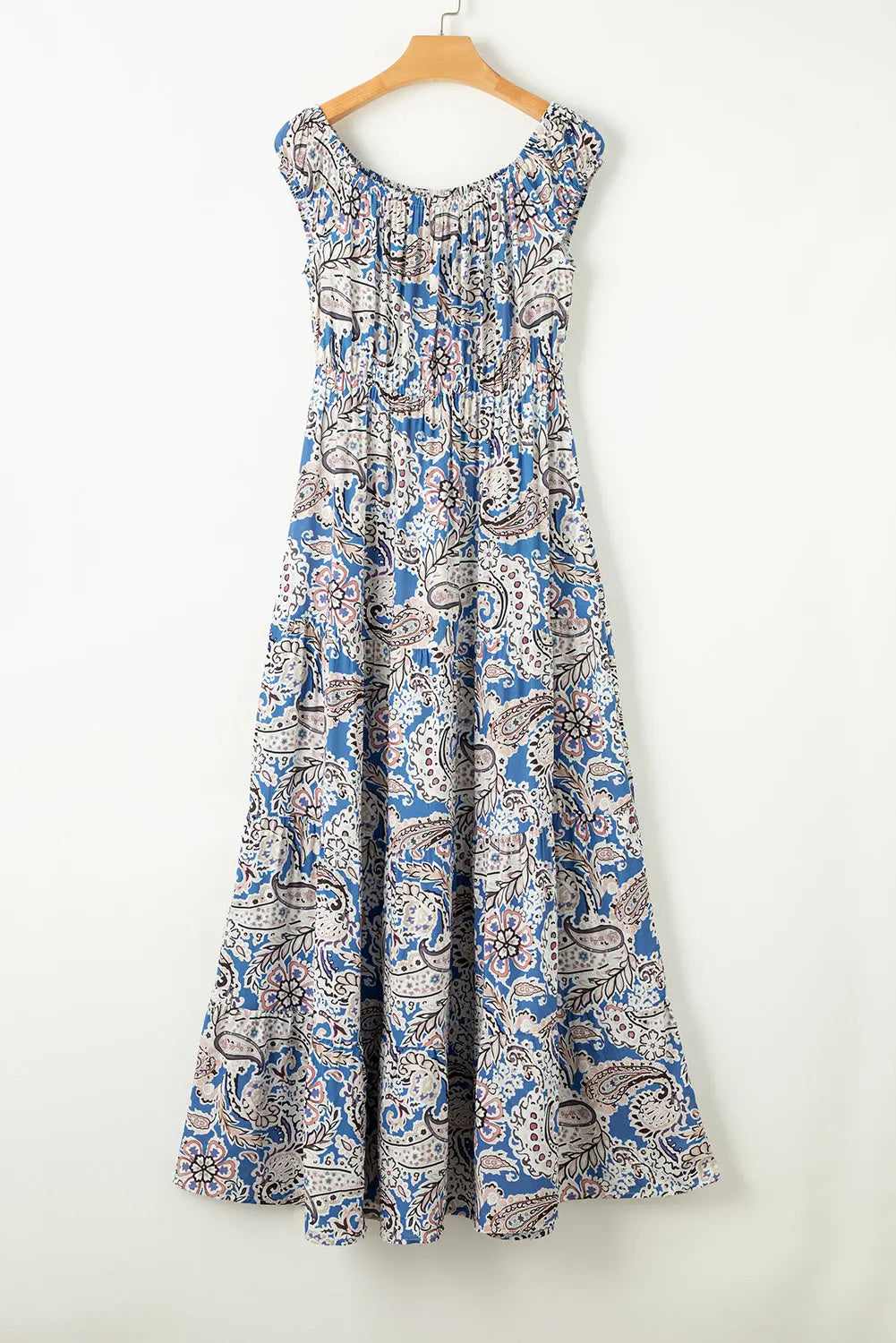 Blue Zone Planet |  Blue Boho Paisley Print Off Shoulder Maxi Dress Blue Zone Planet