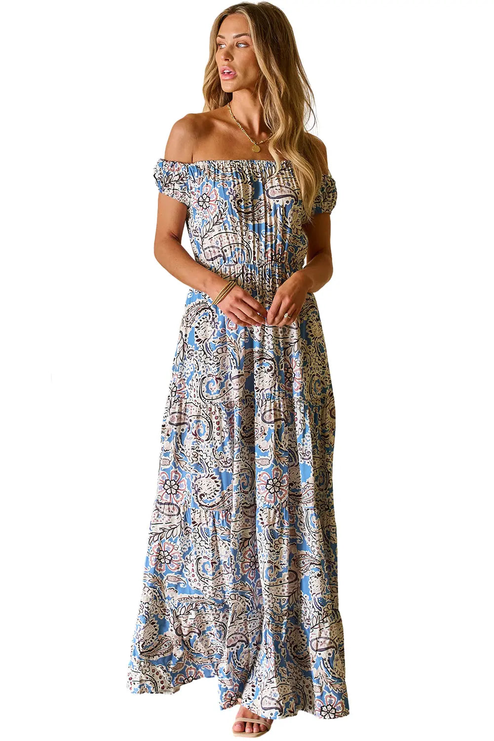 Blue Zone Planet |  Blue Boho Paisley Print Off Shoulder Maxi Dress Blue Zone Planet