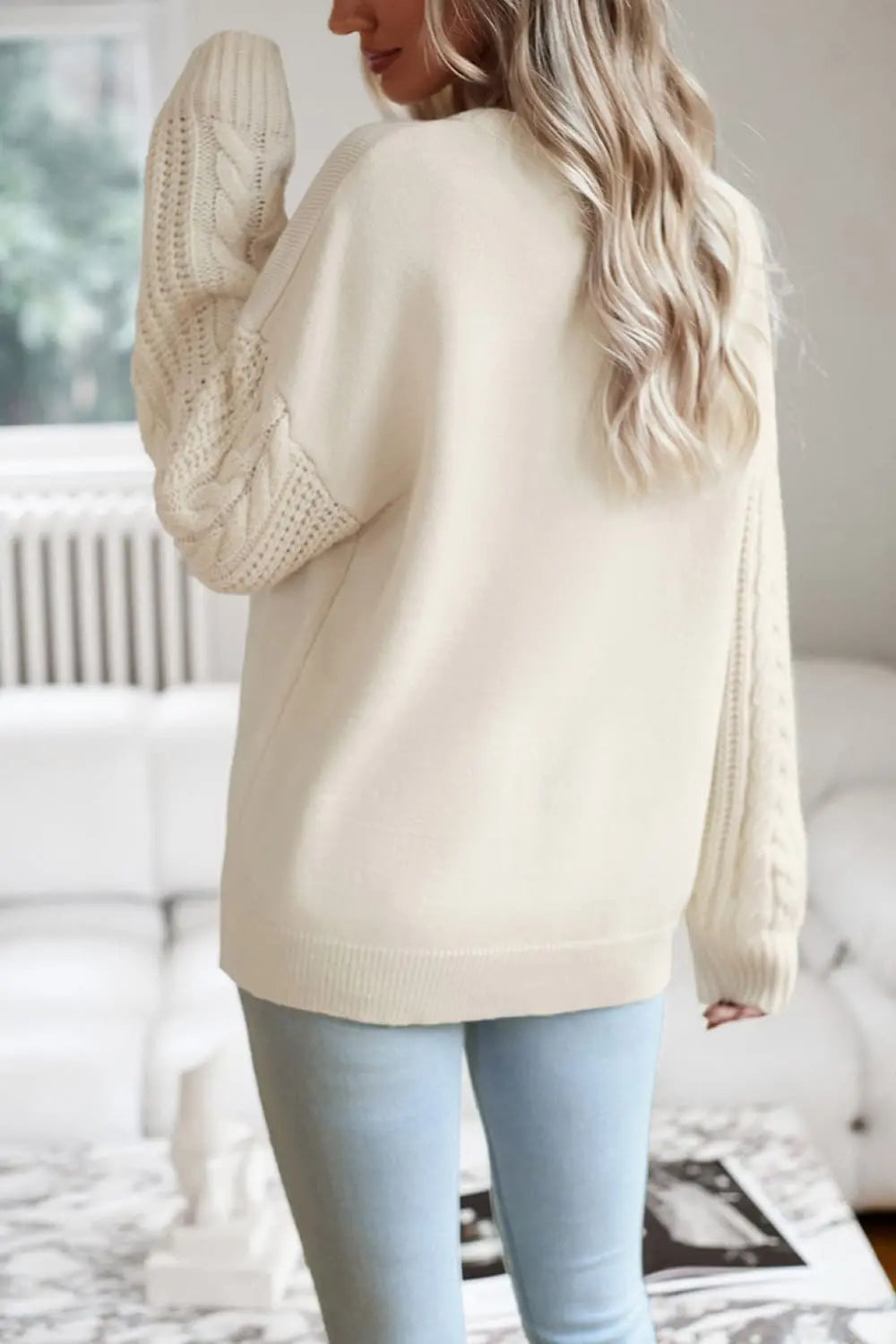 Blue Zone Planet |  Cable-Knit Round Neck Drop Shoulder Sweater BLUE ZONE PLANET