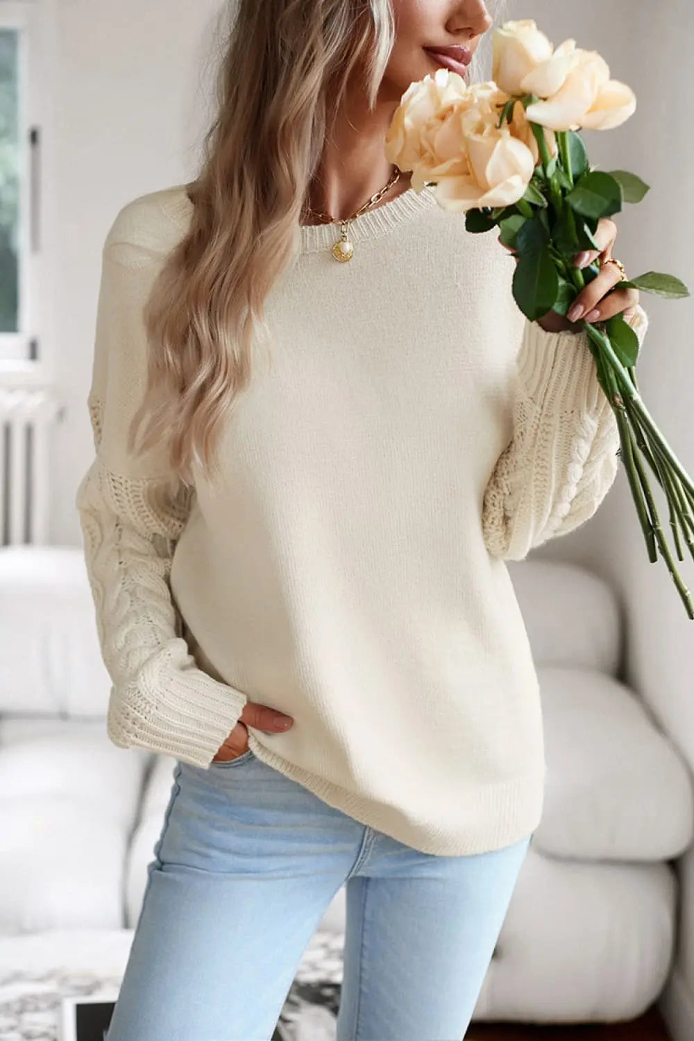 Blue Zone Planet |  Cable-Knit Round Neck Drop Shoulder Sweater BLUE ZONE PLANET
