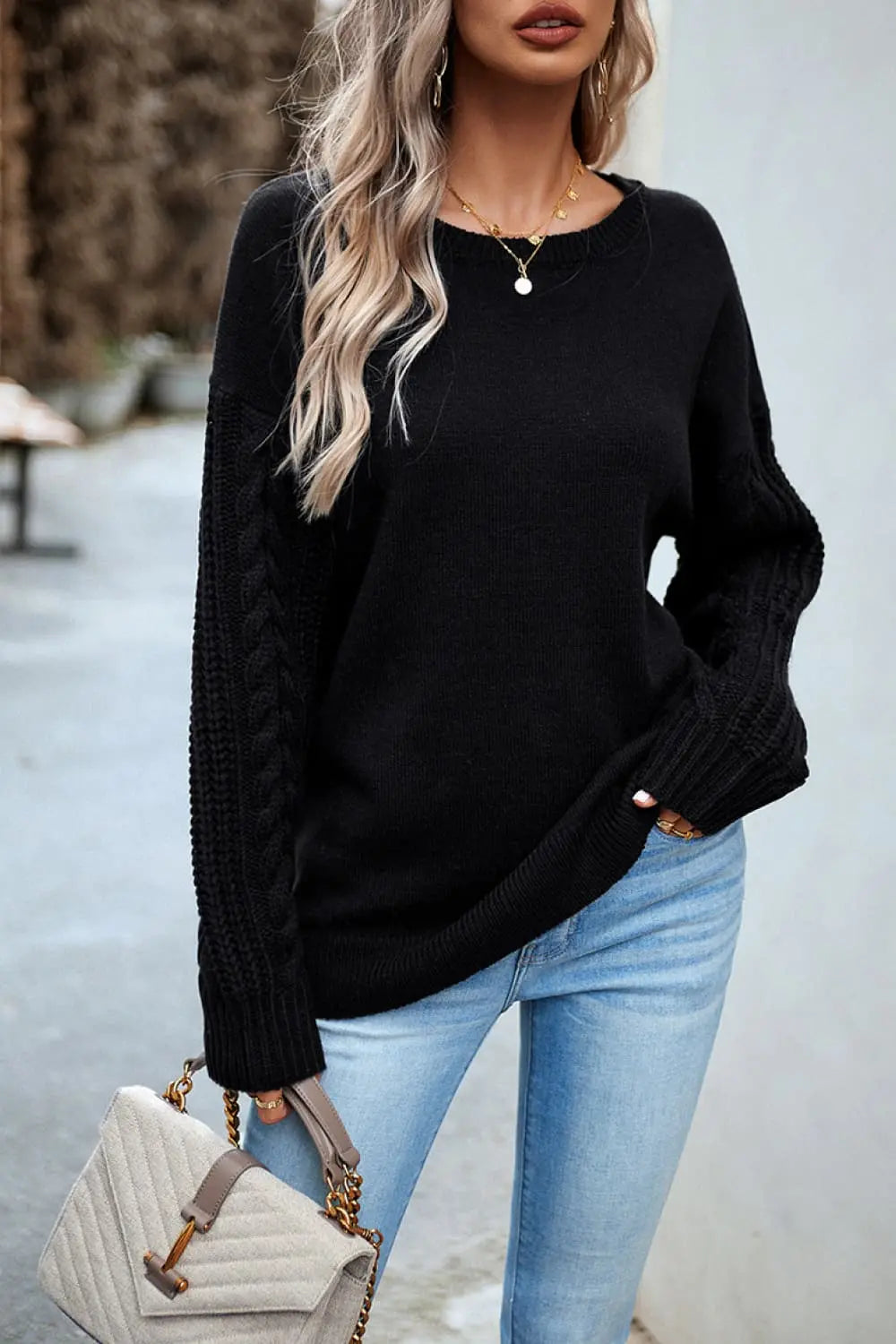Blue Zone Planet |  Cable-Knit Round Neck Drop Shoulder Sweater BLUE ZONE PLANET