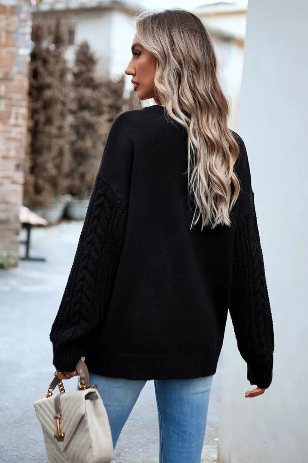 Blue Zone Planet |  Cable-Knit Round Neck Drop Shoulder Sweater BLUE ZONE PLANET