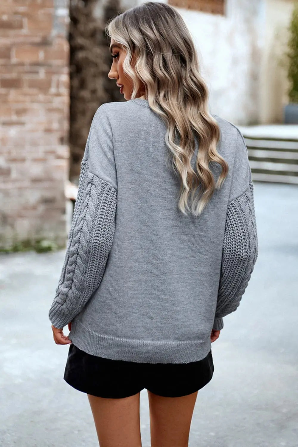Blue Zone Planet |  Cable-Knit Round Neck Drop Shoulder Sweater BLUE ZONE PLANET