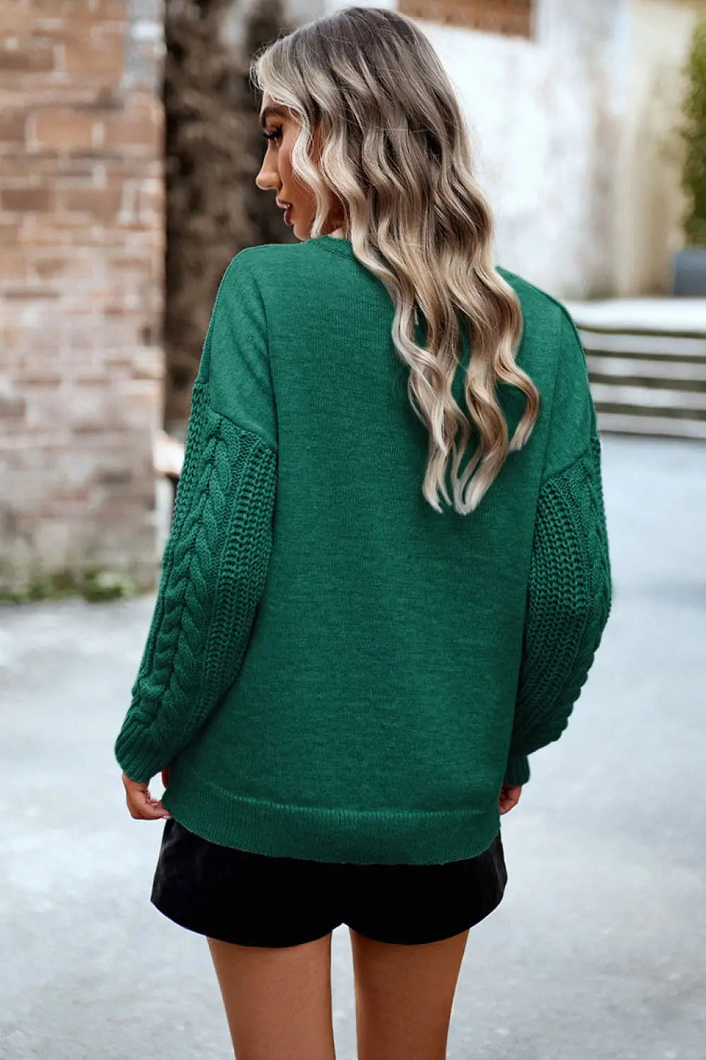 Blue Zone Planet |  Cable-Knit Round Neck Drop Shoulder Sweater BLUE ZONE PLANET